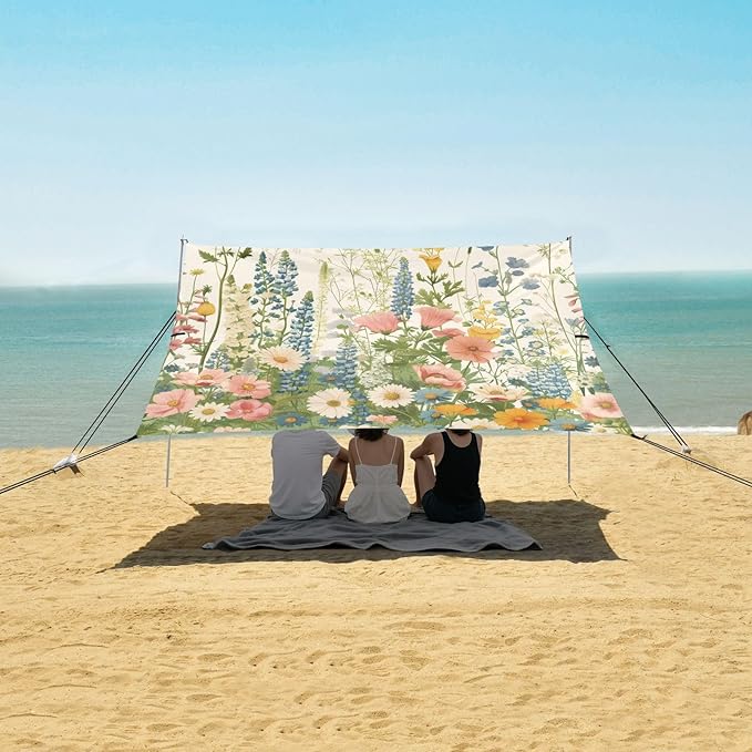 Vintage Wildflower Meadow Beach Tent Sun Shelter 9.2' x 10.5' Beach Canopy with 4 Sandbags 4 Stability Poles Sand Shovels - Tent Canopy for Beach Camping Fishing Picnics
