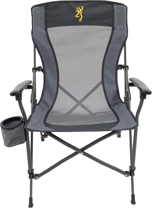 Browning Folding Camping Chairs for Adults - Durable Mesh Fabric Over Sturdy Powder Coated Steel Frame Armrests Cup Holder and Shoulder Carry Bag