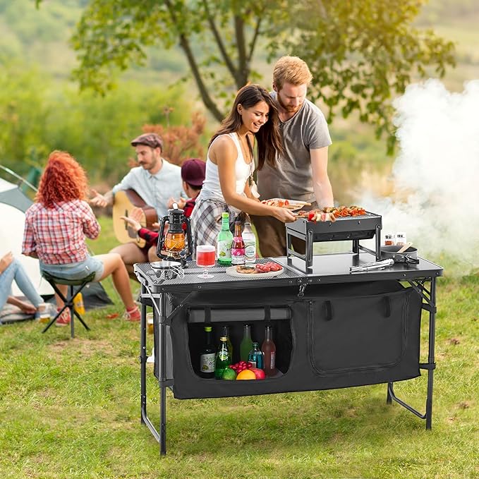 VEVOR Camping Kitchen Table Folding Outdoor Cooking Table 3 Adjustable Heights Aluminum Lightweight Portable Cook Station with Storage Organizer Carry Handle for BBQ Party Picnic RV Travel Black