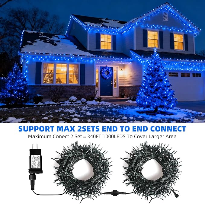 500 LED Blue Christmas Tree Light Plug inConnectable 170ft String Lights with 8Modes UL Certified Outdoor Indoor for Halloween Holiday Bedroom Party Decor
