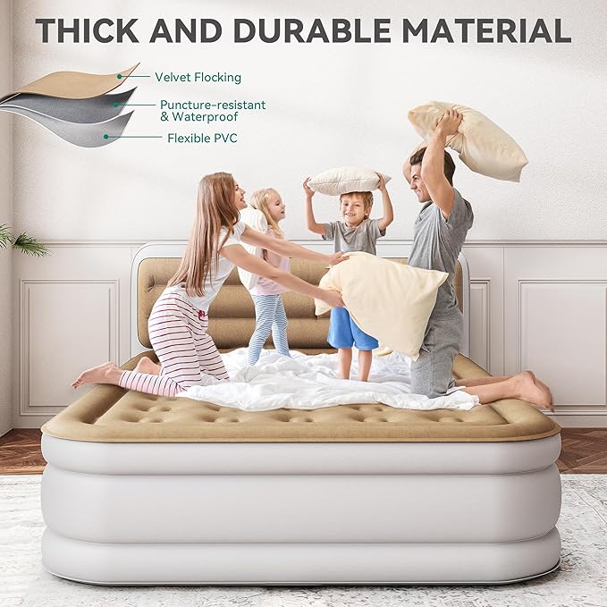 YITAHOME Queen Size Air Mattress with Pump and Banded Headboard 18in Luxury Flocked Top Blow up Mattress Durable Inflatable Mattress for Home &amp Guests Brown AirBed