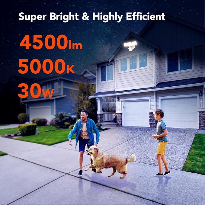OREiN 4500LM/30W Flood Lights Outdoor 240°/40FT Motion Sensor Outdoor Lights Dusk to Dawn/Auto/Test Mode IP65 Waterproof LED Security Light for Yard Garden White (Hardwired)