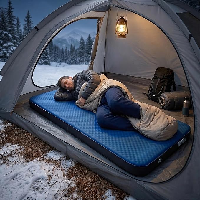 Self Inflating Sleeping Pad with Electric Pump  4 Ultra Thick memory foam camping mattress 9.5 R-Value Insulated Sleeping Mat Easy to Inflate &amp Deflate for Camping Car Travel Tent (SingleBlue)