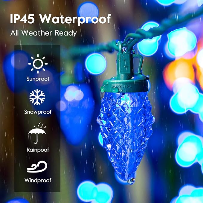 Brightown C9 LED Christmas Lights Outdoor 66 ft 100 LED Strawberry String Lights Waterproof Commercial Grade Extendable for Outside Roofline Patio Home Xmas Decoration Blue and White