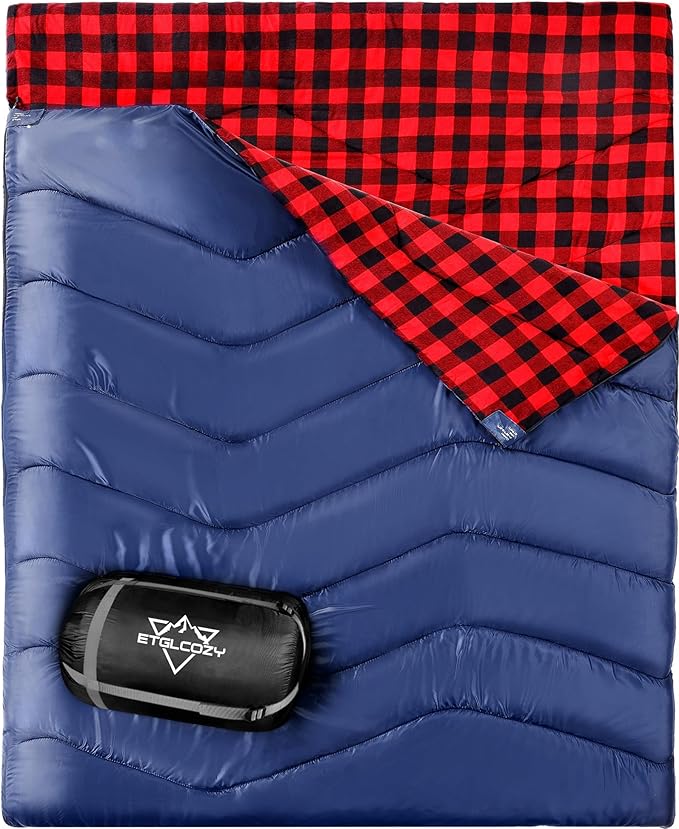 XL Queen Size 2 Person Double Sleeping Bag for Adults Lightweight Compact with Flannel Liner &amp Thermolock Draft Tube Machine Washable All Season Camping Travel