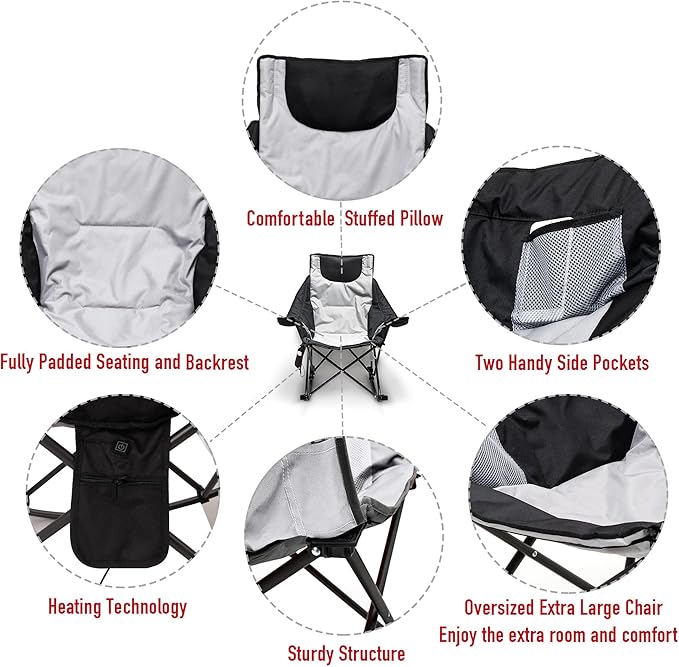 SUNNYFEEL Heated Rocking Camping Chair | Fully Padded Patio Chairs | Heating Camp Rocker Chairs for Outdoor Sports with Back and Seat Heating | Heated Folding Chair for Adults Heavy Duty 500lbs