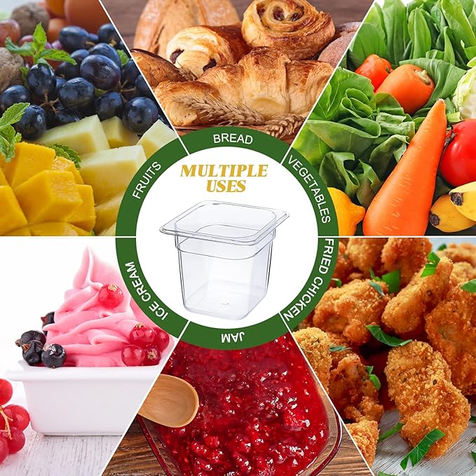 Yinder 24 Pcs Plastic Clear Food Pans 1/6 Size Stackable Polycarbonate Food Containers with Capacity Indicator Restaurant Commercial Hotel Pan for Fruits Vegetables Beans Corns (6'' Deep)