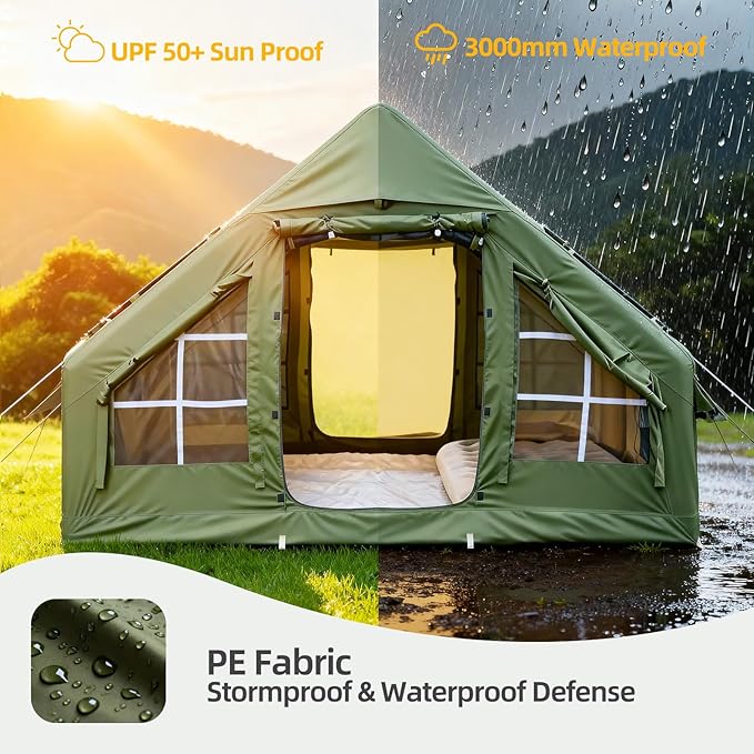 Inflatable Camping Tent Glamping Blow Up Tent with Hand Pump for All-Season 3 Mins Easy Setup Waterproof Tens with Mesh Window for 4-6 Person Suit for Family Friend Camp Outdoor Gathering
