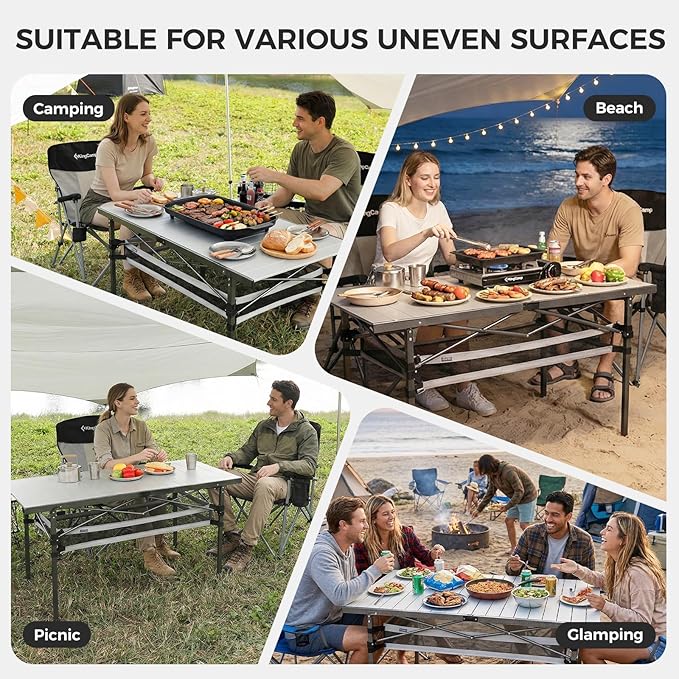 KingCamp Folding Camping Table Aluminum Roll-Up Camp Table Large Foldable Table for 4-6 Person Outdoor Portable Tables with Carry Bag 180 LBS Heavy Duty Load (Silver+Mesh：53.5 × 27.5)
