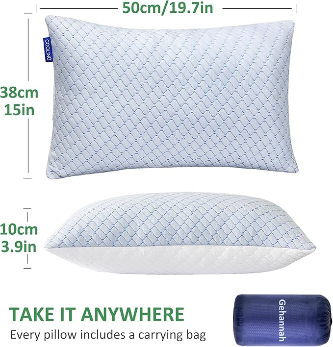 Gehannah Travel Pillow - Large 2 Pack Compressible Camping Pillow for Sleeping - Shredded Memory Foam with 2 Storage Bags - Supportive for Adults Kids Outdoor Backpacking Hiking Gear