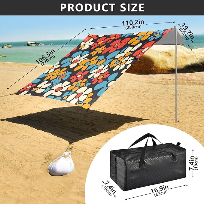 Camping Sun Shelters Groovy Pattern with Flowers Beach Canopy 126 * 110.2in
