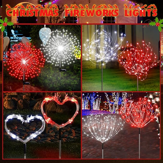 6 Pcs Solar Firework Stake Lights 180 LED 8 Modes Solar Waterproof LED Sparkler Lights Outdoor Decoration for Wedding Mother's Day Garden Patio Yard Pathway Walkway Lawn (Red White)