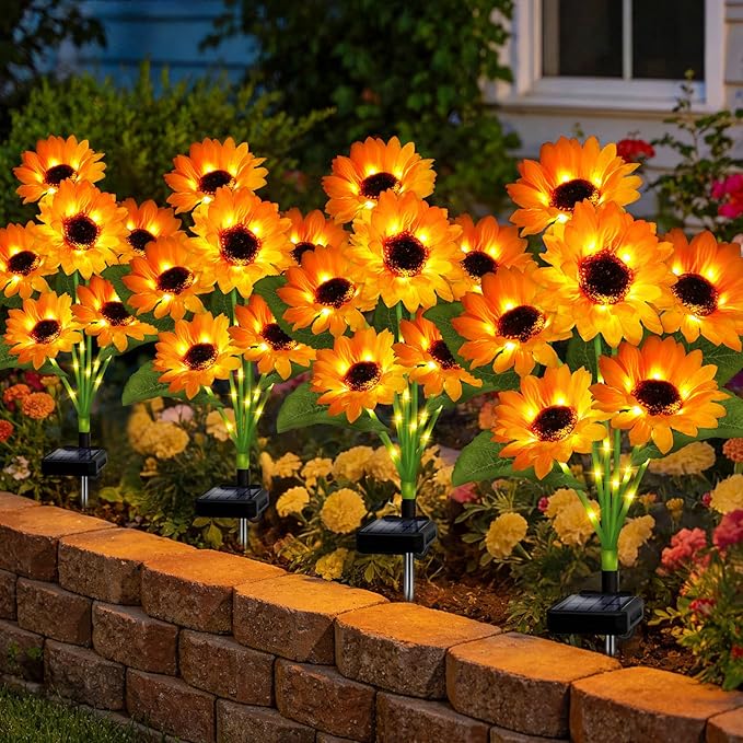 Solar Sunflower Lights Outdoor Garden Decor 4 Pack Solar Flowers Lights with 18 Sunflowers Waterproof Fall Decor Stake Decorative Light Auto ON/Off for Garden Yard Patio Gift for Women
