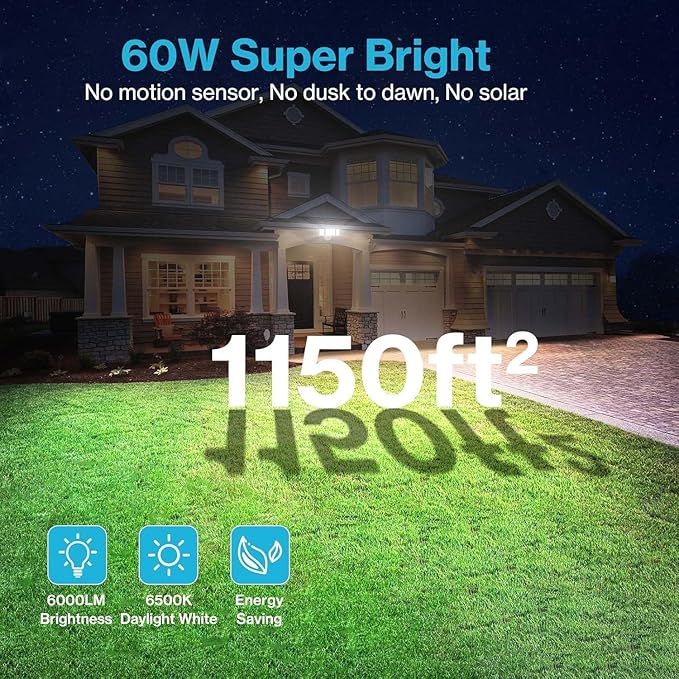 Olafus 60W Flood Lights Outdoor 2 Pack Switch Controlled LED Security Lights 6000LM 6500K Outside Floodlight IP65 Waterproof Exterior Light Fixture for House Yard Garage Wall/Eave Mount White