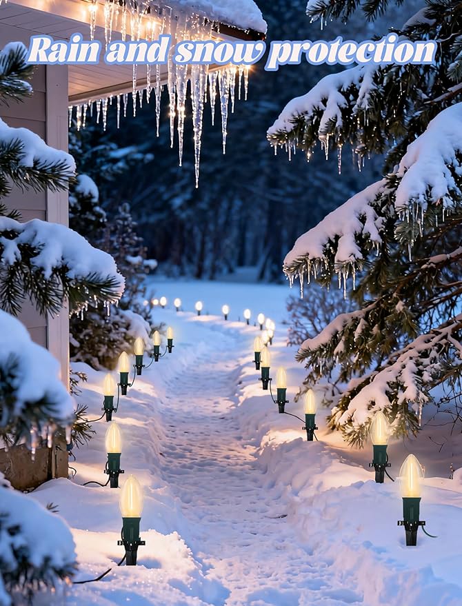 C9 LED Christmas Pathway Lights 38FT Outdoor Warm White Pathway Markers Lights with 25 Stakes Connectable Waterproof Outside Christmas Decorations for Xmas Party Decor Patio Yard Lawn Garden