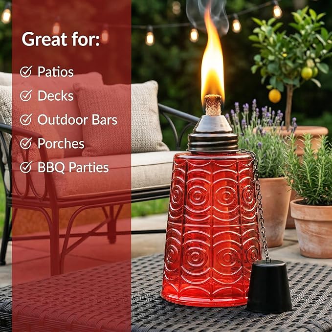 Seraphic Citronella Table Top Torches for Outdoor Patio 16oz Decorative Glass Torch Citronella Candles for Outside Deck Garden Parties Set of 3 Red