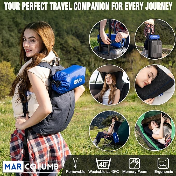 Travel &amp Camping Comfortable Memory Foam Pillow – Easy to Carry Portable Bag – Temperature Regulating Pillow Case - Perfect for Travelling (Black Contour)