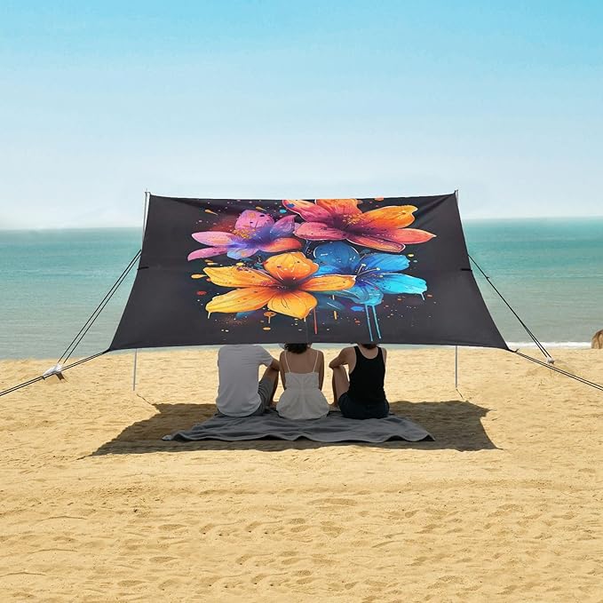 Watercolor Flower Design Beach Tent Sun Shelter 9.2' x 10.5' Beach Canopy with 4 Sandbags 4 Stability Poles Sand Shovels - Tent Canopy for Beach Camping Fishing Picnics