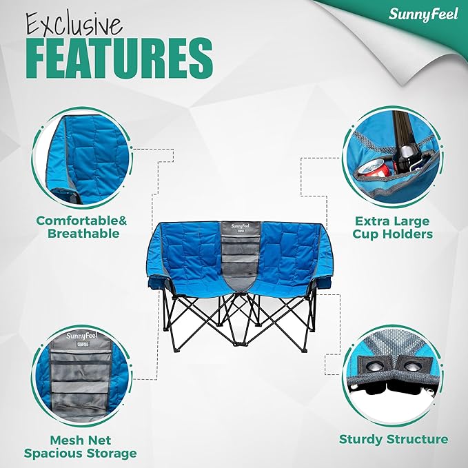 SUNNYFEEL Folding Double Camping Chair Oversized Loveseat Chair Heavy Duty Portable/Foldable Lawn Chair with Storage for Outside/Outdoor/Travel/Picnic Fold Up Camp Chairs for Adults 2 People