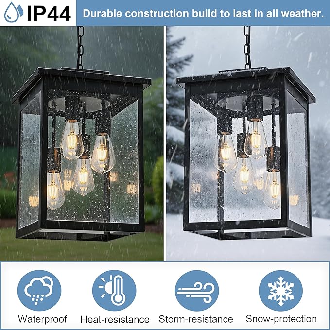 TODOLUZ 4-Lights Large Outdoor Pendant Light Fixture Farmhouse Waterproof Black Porch Hanging Lighting with Adjustable Chain Seeded Glass Panel &amp E26 Bulb Base for Patio Garden Entryway