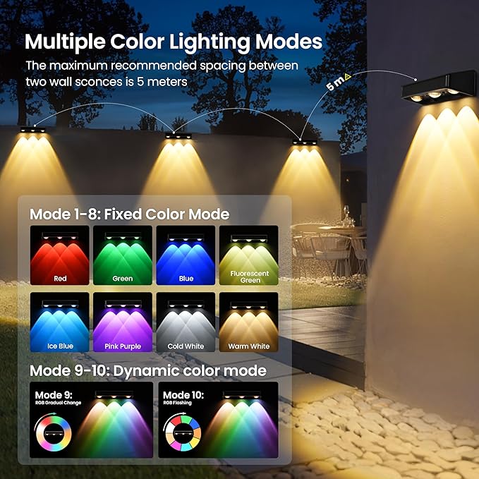Solar Wall Lights100 LM Color Changing Solar Fence Lights Outdoor Solar Powered with Ultra-Bright LED Lens 1200 mAh Waterproof IP65 for Christmas Halloween Patio Yard Backyard 6 Pack (RGB)