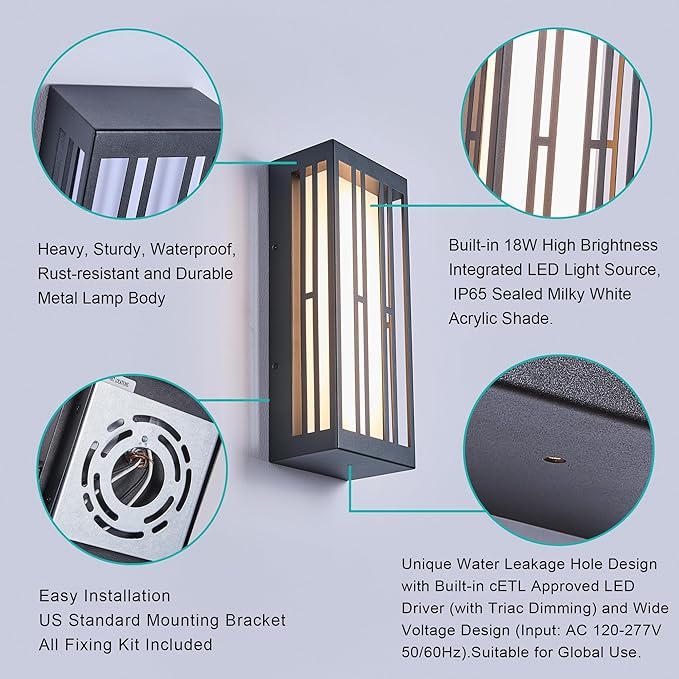 Outdoor Wall Lights IP65 Waterproof &amp Anti-Rust 1700 Lumens LED Porch Light Triac Dimming Textured Black Metal with White Acrylic Shade &amp UV RatedWall Mount for Patio Entryway