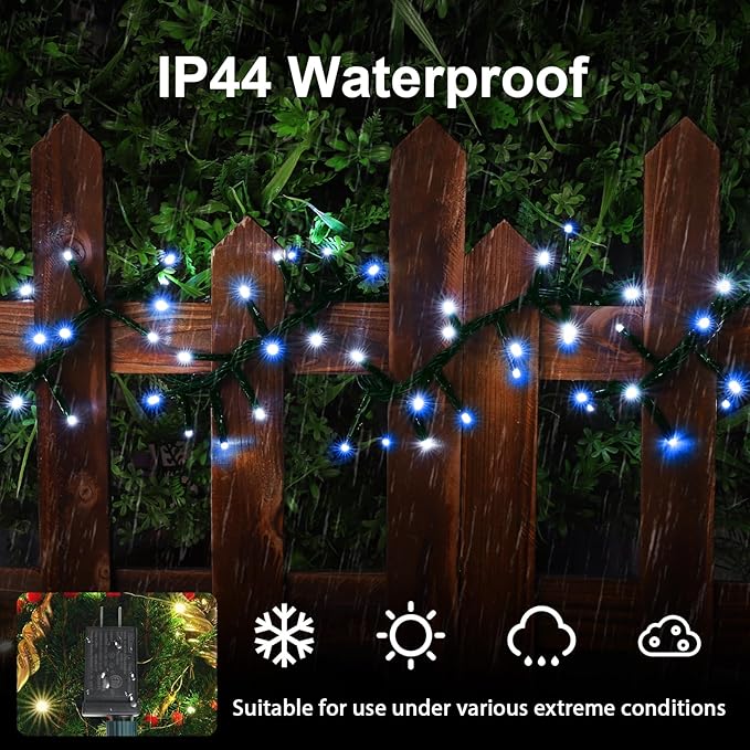 LAMPHOME 500 LED String Lights Outdoor 16 Modes Plug in Twinkle Fairy Lights for Bedroom 46ft 500LED Christmas Lights Cluster Lights Outdoor Waterproof -White&ampBlue