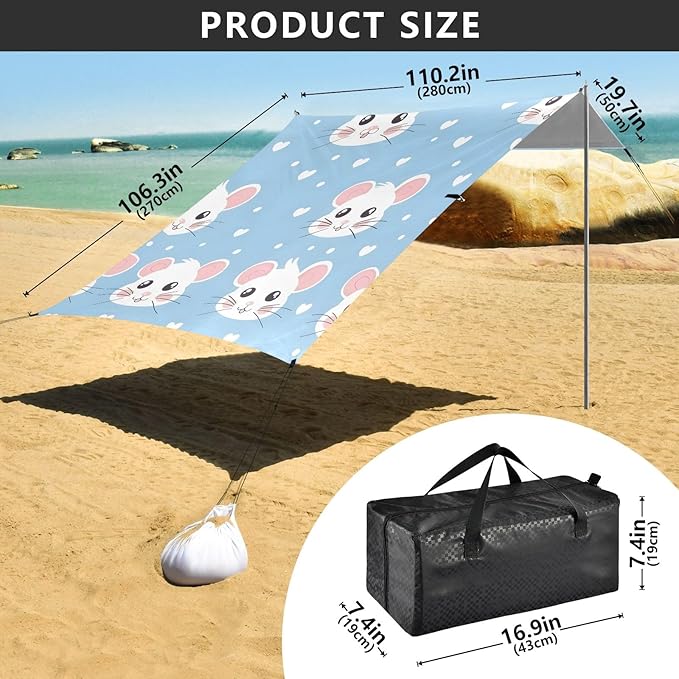 Cute Cartoon Mouse Camping Sun Shelter Beach Tent Portable Beach Sun Shade Outdoor Canopy for Camping Trips Fishing Picnic