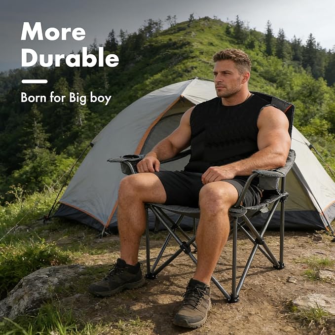 Oversized Camping Chair Heavy Duty Steel Frame 450 LBS Capacity Collapsible Padded Arm Chair with Cup Holder Lumbar Support Portable for Outdoor Garden Beach Home (2 Gray)