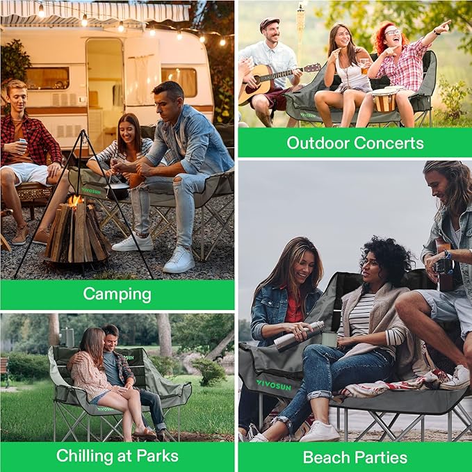 VIVOSUN Double Camping Chair Fully Padded Folding Loveseat Oversized Duo Chair with Cup &amp Wine Glass Holders Pocket Armrests &amp Carry Bag