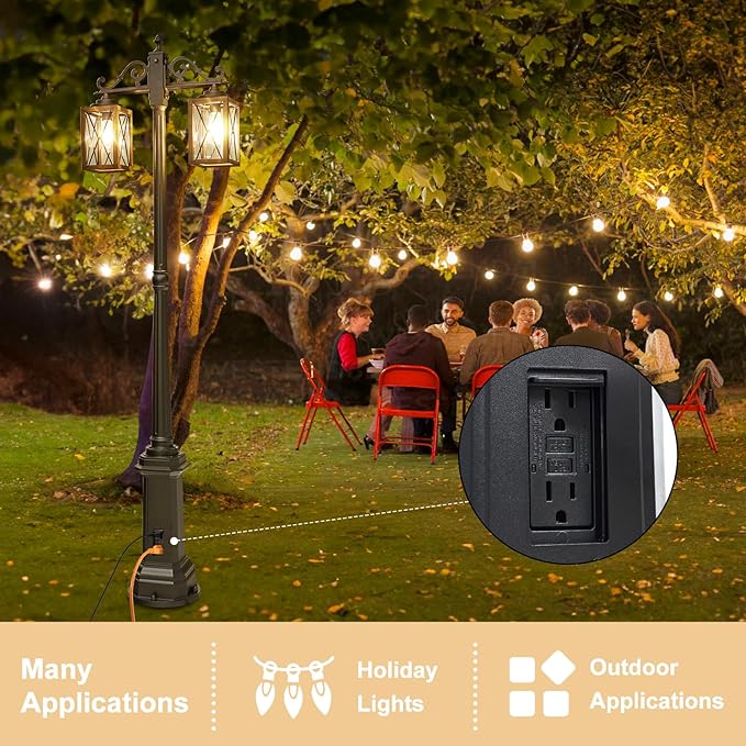 Dusk to Dawn Outdoor Lamp Post Lights with GFCI OutletDouble-Head Farmhouse Street Light FixtureAluminum Black Pole Exterior Lights Waterproof Lantern Outdoor Lighting