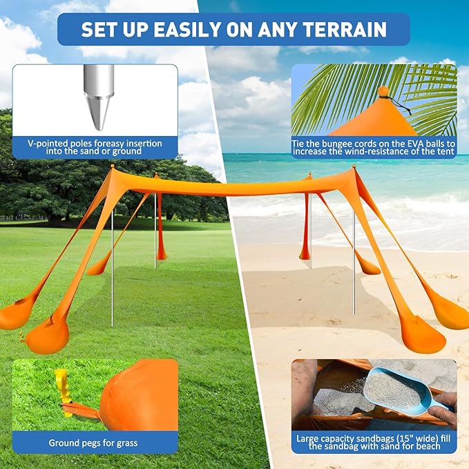 Beach Tent Sun Shelter 10x10ft Beach Canopy Easy Pop Up Sun Shade Portable UPF50+ with 8 Sandbags-2 Sand Shovel-4 Aluminum Poles-Ground Pegs for Outdoor Family Camping Fishing Backyard Picnic