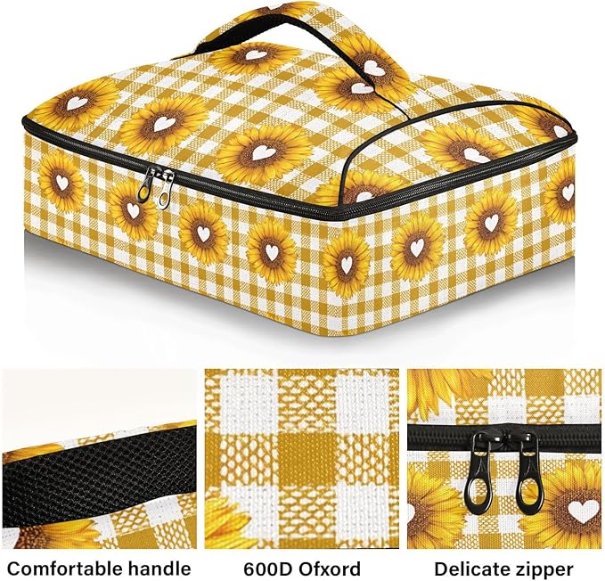 Casserole Carrier Cute Sunflower and Heart PrintInsulated Casserole Carrier for Hot or Cold Food Thermal Lunch Tote for Potluck Parties Picnic Beach Fits 9 x 13 Inches Baking Dish