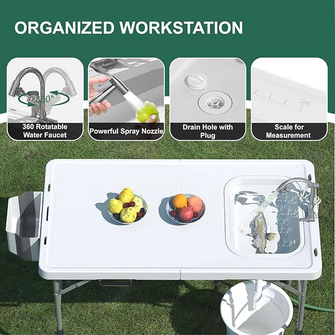 Folding Fish Cleaning Table with Sink 50x27 Bi-Folding Portable Camping Sink Station with Drain Hose Trash Can Gloves and Cleaning Kits Foldable Outdoor Sink for Camping Fishing BBQ