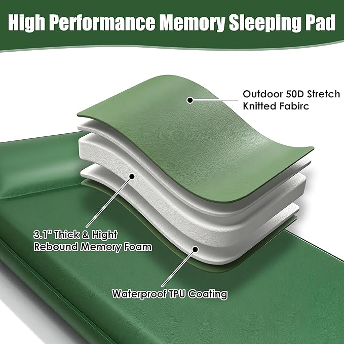Memory Sleeping Pad 3.1 Self Inflating Sleeping Pad for Camping Easy Inflate &amp Deflate Portable Foam Mattress with Pillow 9.5 R-Value Insulated Sleeping Mat for Backpacking Car Travel Tent