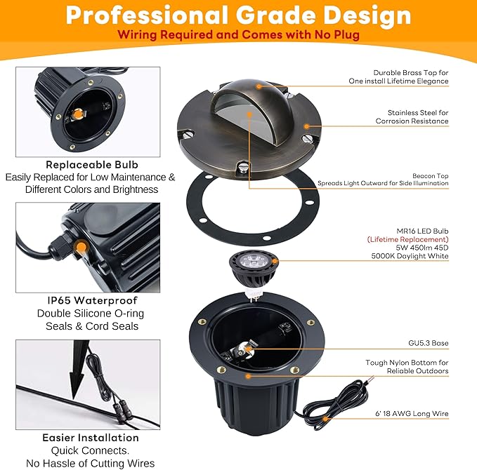 Gardenreet Landscape In Ground Well Lights - Brass LED Low Voltage Electric Ip65 Lights 12V Wired Fixture Antique Bronze for Driveway Tree Patio with 5000K Daylight White MR16 Bulb