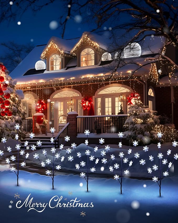 Brightown Snowflake Lights Outdoor Pathway 8 Packs Lighted Branches Christmas Yard Decor Small Tree with Lights Twig Branch Outdoor Christmas Decorations Pure White