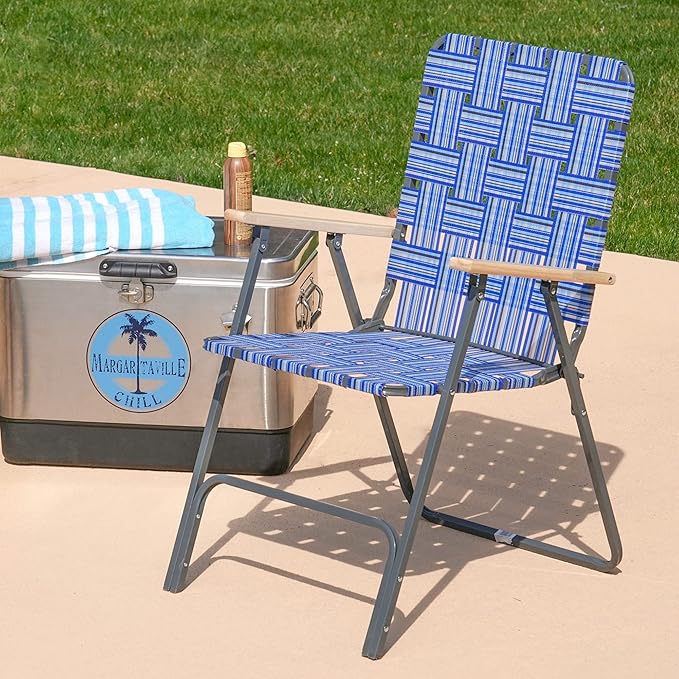Camp &amp GO Steel Folding Grey Outdoor Patio/Camping Chair with Blue Woven Fabric and Arm Rests (Pack of 2)