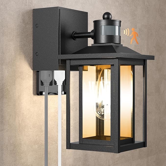 LTBLIGHT Motion Sensor Porch Lights with GFCI Outlet Dusk to Dawn Outdoor Lighting with 3 Modes Waterproof Exterior Light Fixture for House Front Door Garden Garage 120V