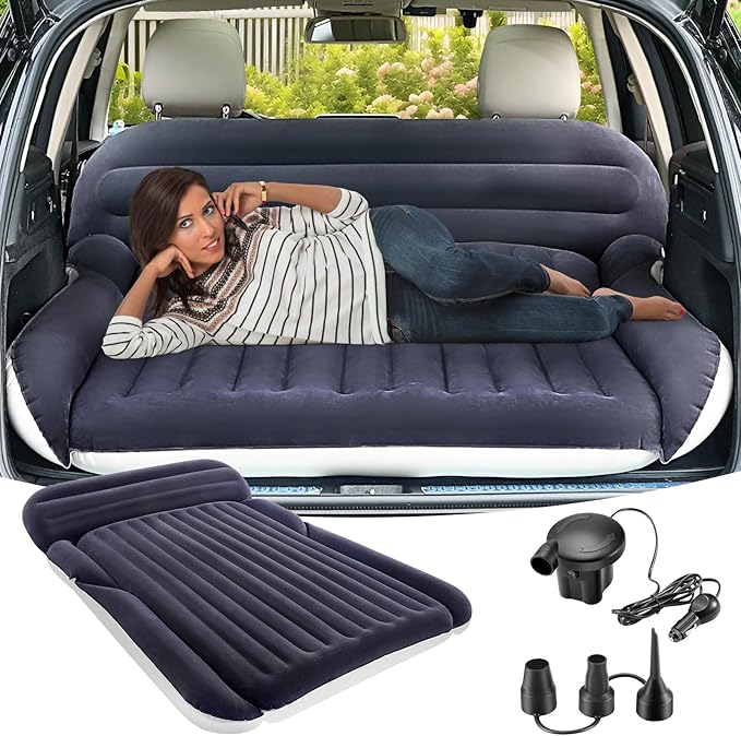 KMZ SUV Air Mattress with 2 Pillows – Thickened and Flocked Car Bed – Portable Travel Pad for Camping &amp Road Trips – Quick Inflate &amp Deflate with External Pump – Navy Blue+Light Gray