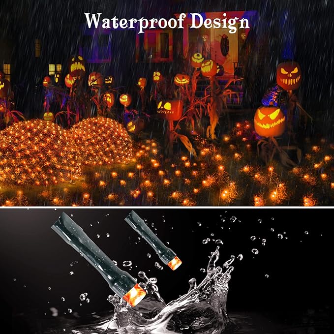BlcTec Halloween Lights 200 LED 8.4ft x 5.2ft Orange Net Lights with 8 Modes UL Certified Timer Connectable Waterproof Dark Green Wire for Trees Bushes Shrub Lawn Halloween Decorations Outdoor