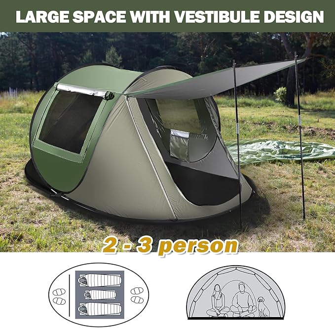 Instant Pop Up Tent Automatic Easy Setup Outdoor Waterproof Windproof Family Tent Upgraded 2 Doors Vestibule Sun Shelter for 2-3 People Outdoor CampingTravellingHiking BeachGreen