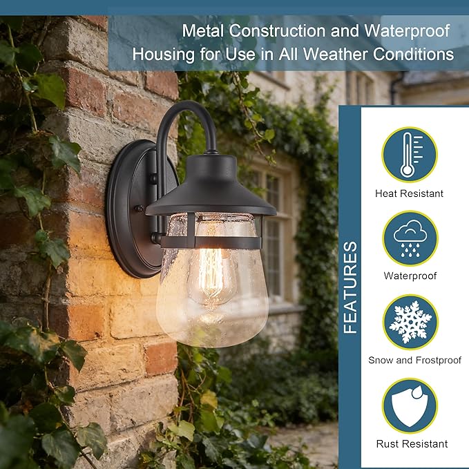 Classic Outdoor Porch Lights Wall Mounted Textured Black Clear Seeded Glass Waterproof and Anti-Rust Exterior Lights for Patio Yard House Hallway Doorway and Garage.