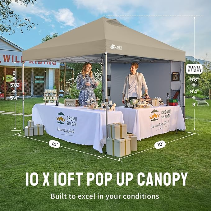 CROWN SHADES Canopy Tent 10x10 Pop Up Canopy Outdoor Shade with Pockets Sidewall Easy Up Sun Shelter with One Person Set Up Center Lock Portable Instant Camping Beach Canopy Tents Beige