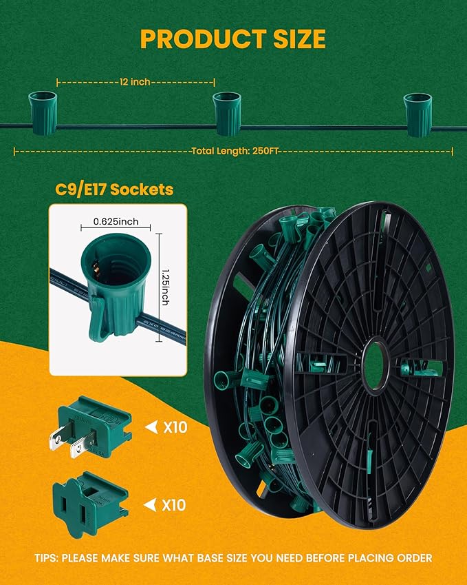 Brightown Commercial 250 FT C9/E17 Christmas Light Sockets Set Spool C9 Outdoor/Indoor String Light Stringer 12 Spacing Green Wire for Wedding Patio Event Party Lighting Decor