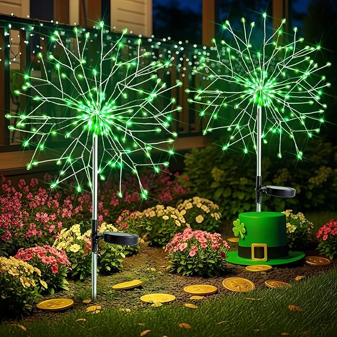 suddus St. Patrick's Day Decorations Solar Firework Lights - 150 LED Green Outdoor Garden Lights 8 Modes DIY Sparkler Lights Waterproof Solar Stake Lights for Yard Pathway Flowerbed Decor (2 Pack)