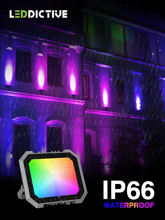 2 Pack RGB LED Flood Light 30W 300W Equivalent 3000 LM Outdoor Landscape Flood Lights with 2 Remote IP66 Waterproof Outdoor Light for Christmas Party Stage Uplight Wall Wash