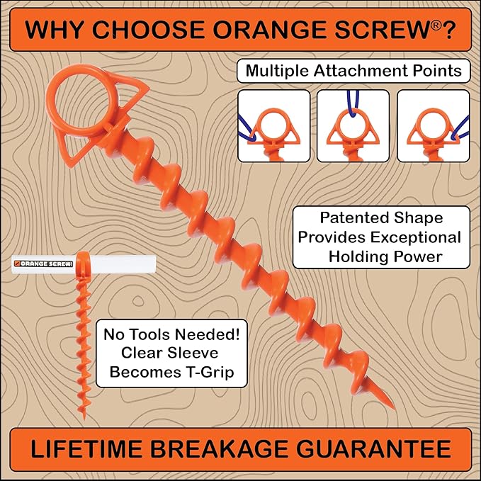 Orange Screw Ultimate Ground Anchors: Heavy Duty Screw-in Tent Stakes for High Wind Sand Canopies and Camping - Made in USA 100% Recycled Included T-Grip Tool - (Large 2 Pack)