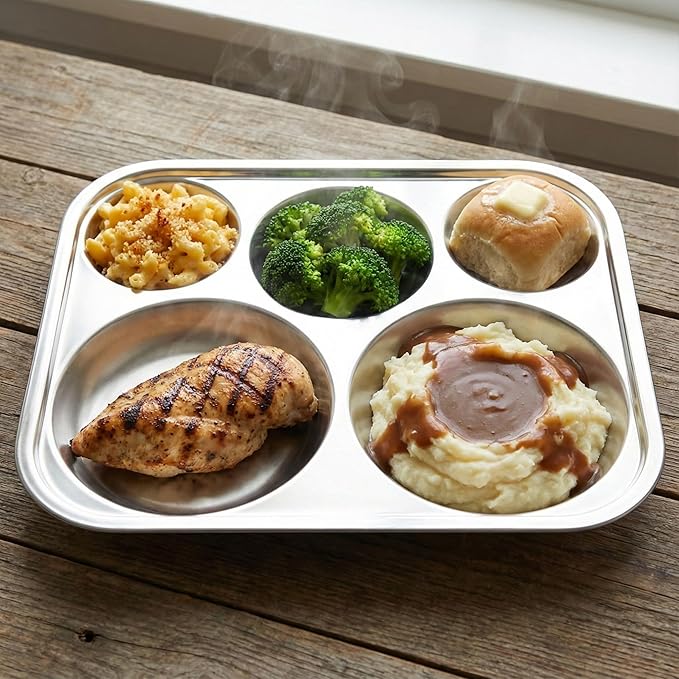 Korean Stainless Steel Divided Plates for Adults Teens Premium 304 Electro-Polished No Black Residue BPA-Free Large 5-Compartment Food Tray Diet Portion Control Camping Set of 2