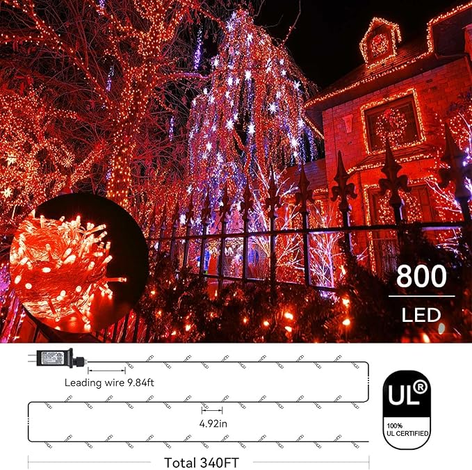 Orange Halloween Lights 800LED 330FT Orange String Lights 8 Modes Timer Plug in Waterproof Indoor Outdoor Orange Christmas Lights for Halloween Christmas Garden Party Decoration